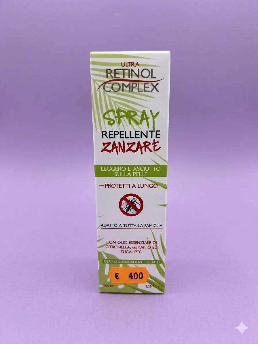 Spray repellente retinol contro le zanzare adatto per tutti i tipo di pelle... contiene olio di citronella, gersnjk ed eucalipto